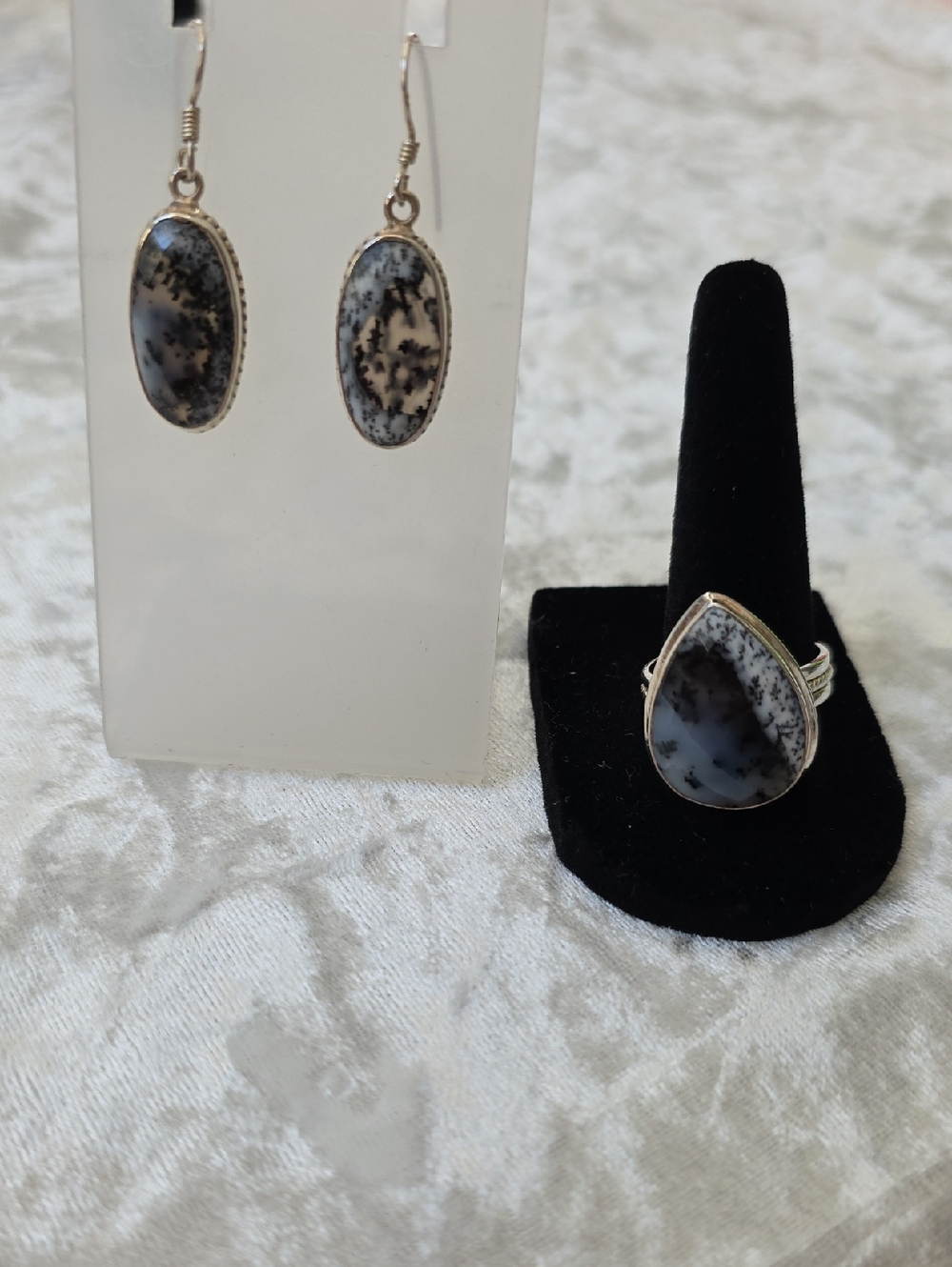 Dendritic Agate Vintage Teardrop Ring and Oval Drop Earrings - Black and White